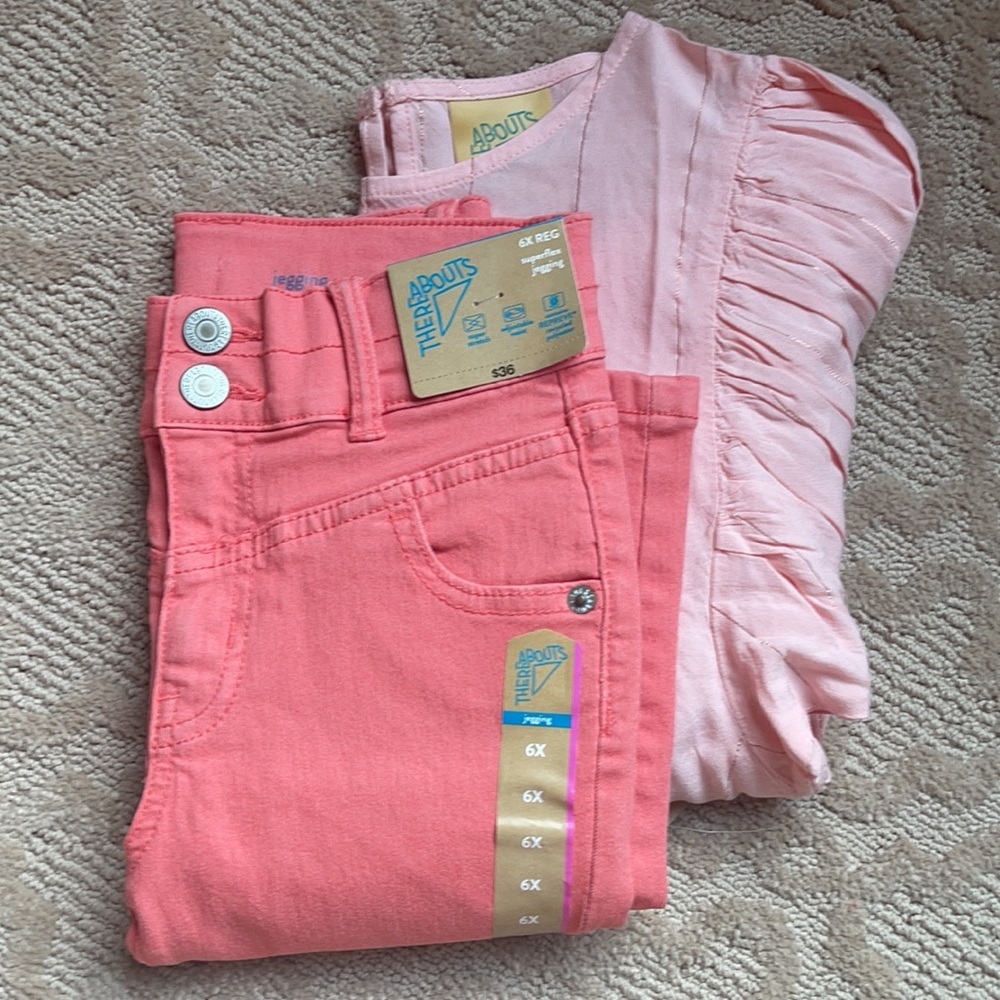 Thereabouts NWT Girls 6X Skinny Adjustable Waist Jeggings & Long Sleeve Blouse